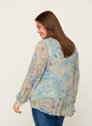 Geplooide blouse met bloemenprint, Light Blue Multi AOP, Model image number 1