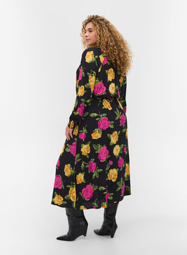Gebloemde viscose maxi jurk met knoopsluiting, Black Flower AOP, Model image number 1