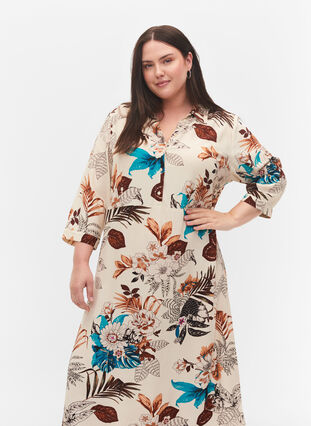 Robe chemise en viscose à imprimé floral, Brown Flower AOP, Model image number 2