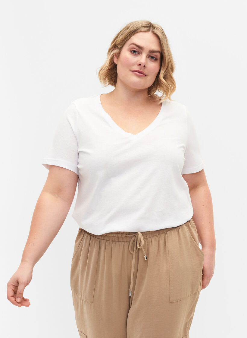 2-pack t-shirt met v-hals, Bright White / Black, Model image number 0