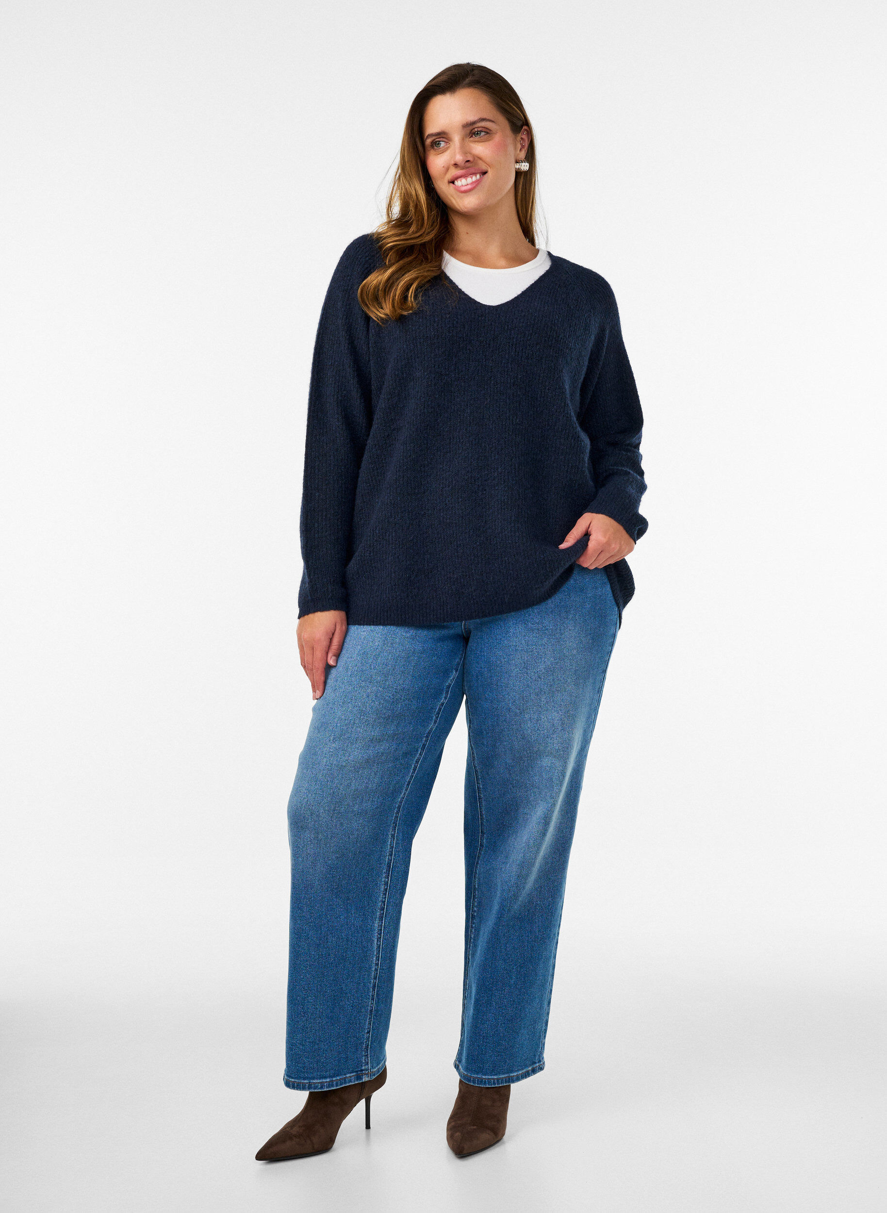 ZizziBlouse en maille avec col en V et manches raglan, Bleu, Model image number 1
