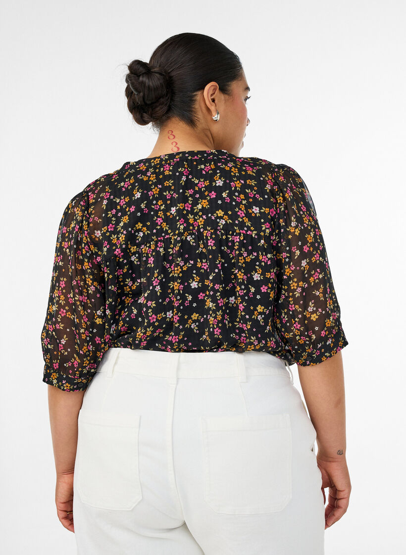 Blouse &agrave; imprim&eacute; floral et col V, Noir, Model image number 2