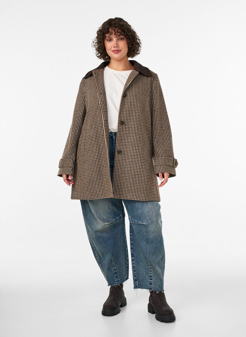Manteau &agrave; carreaux avec col en velours c&ocirc;tel&eacute;, Marron, Model