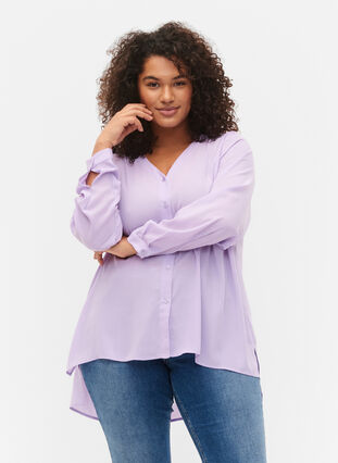 Chemise à manches longues avec col en V, Purple Rose, Model image number 0