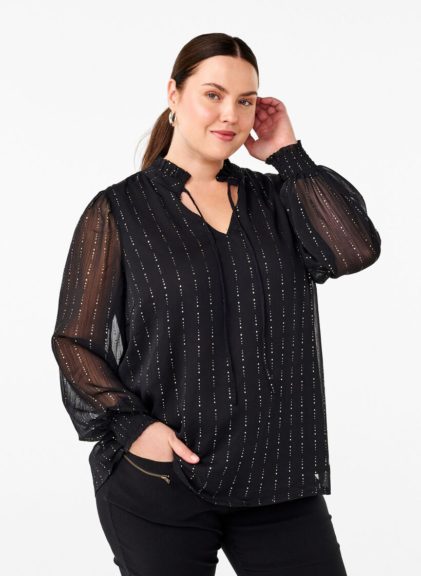 Gestreepte chiffon blouse met strikjes, Black, Model image number 0