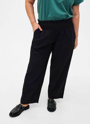 Pantalon à smocks en lin, Black, Model image number 2