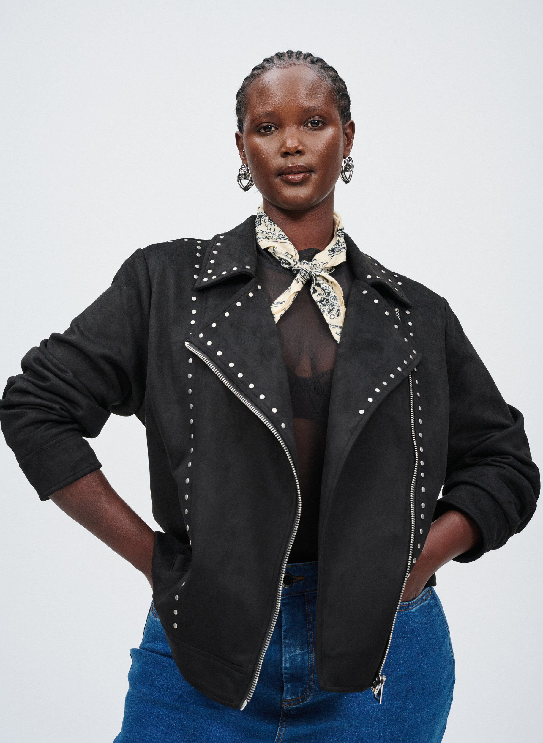 ZizziImitatie su&egrave;de bikerjack met studs, Zwart, Image image number 0