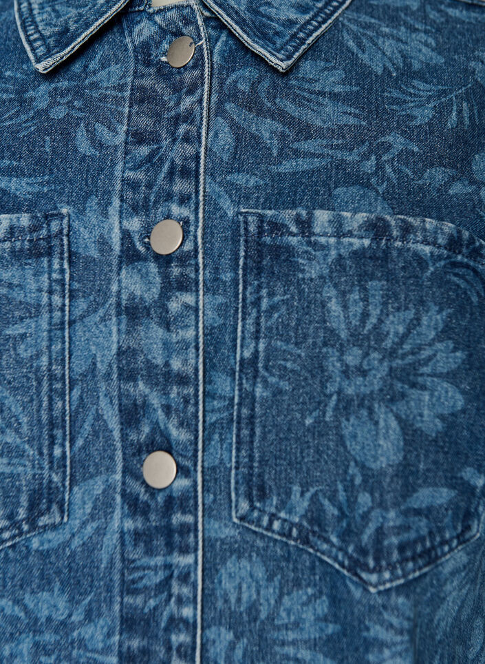 Denimjurk met bloemenprint en borstzakken, Blauw, Packshot image number 2