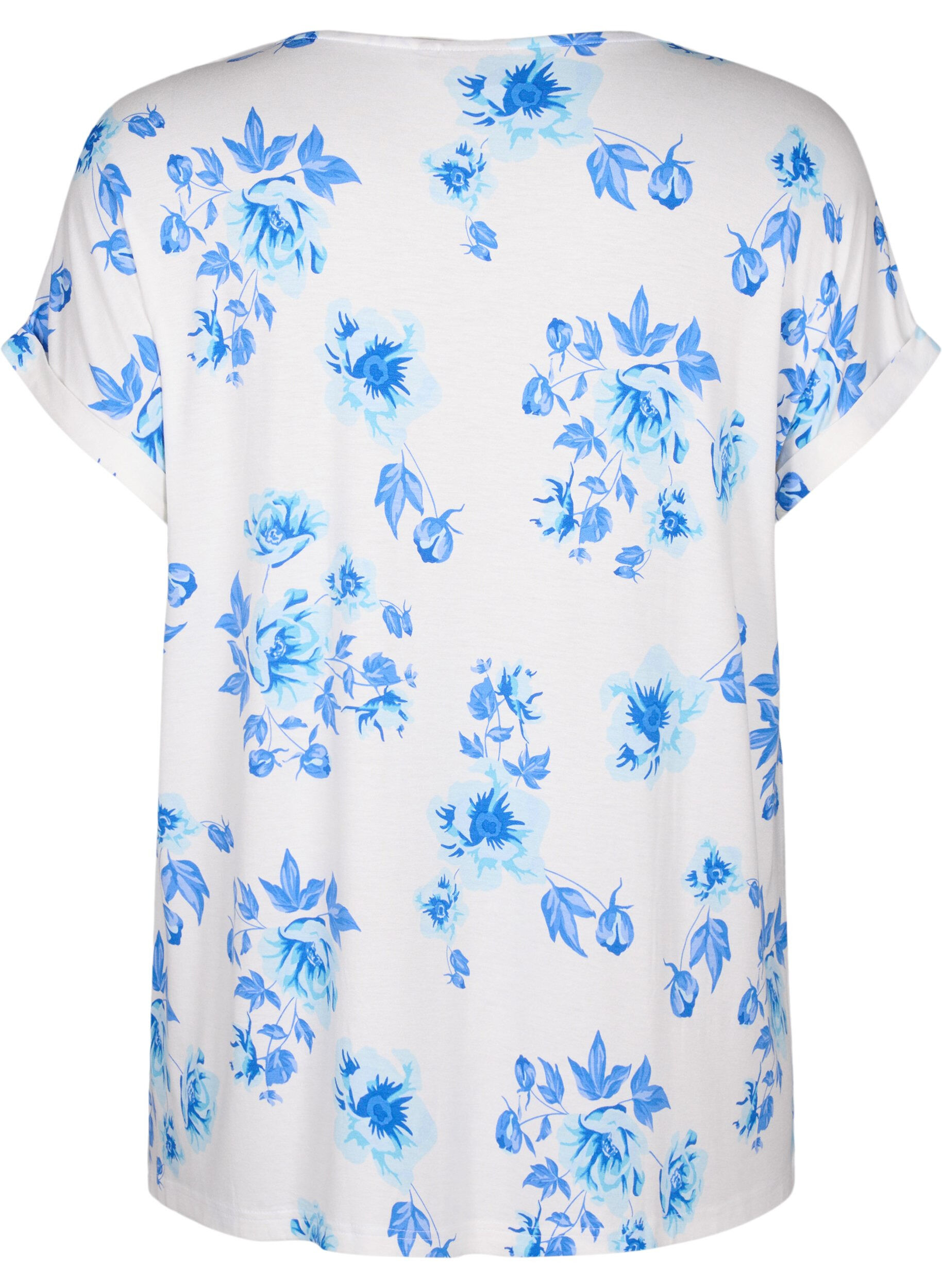 ZizziViscose blouse met korte mouwen en bloemen, White Blue AOP, Packshot image number 1