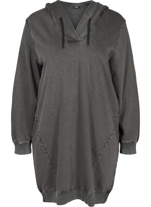 Robe sweat-shirt ample à capuche en coton avec poches, DARK GREY WASHED, Packshot image number 0