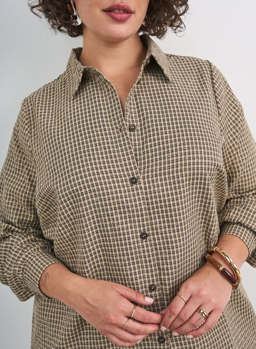 Shirt met klein ruitpatroon en strasstenen, Bruin, Model image number 3