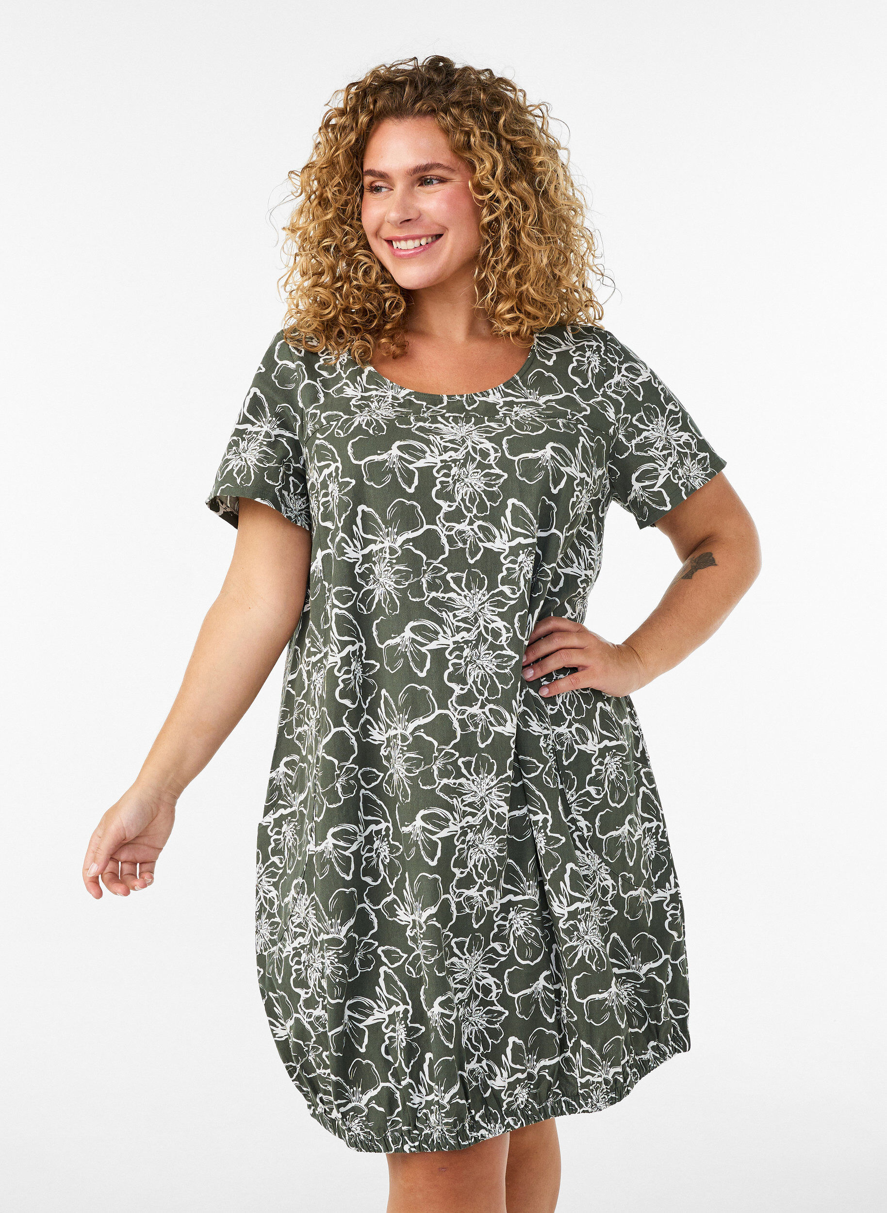 ZizziKatoenen jurk met korte mouwen en print, Groen, Model image number 0
