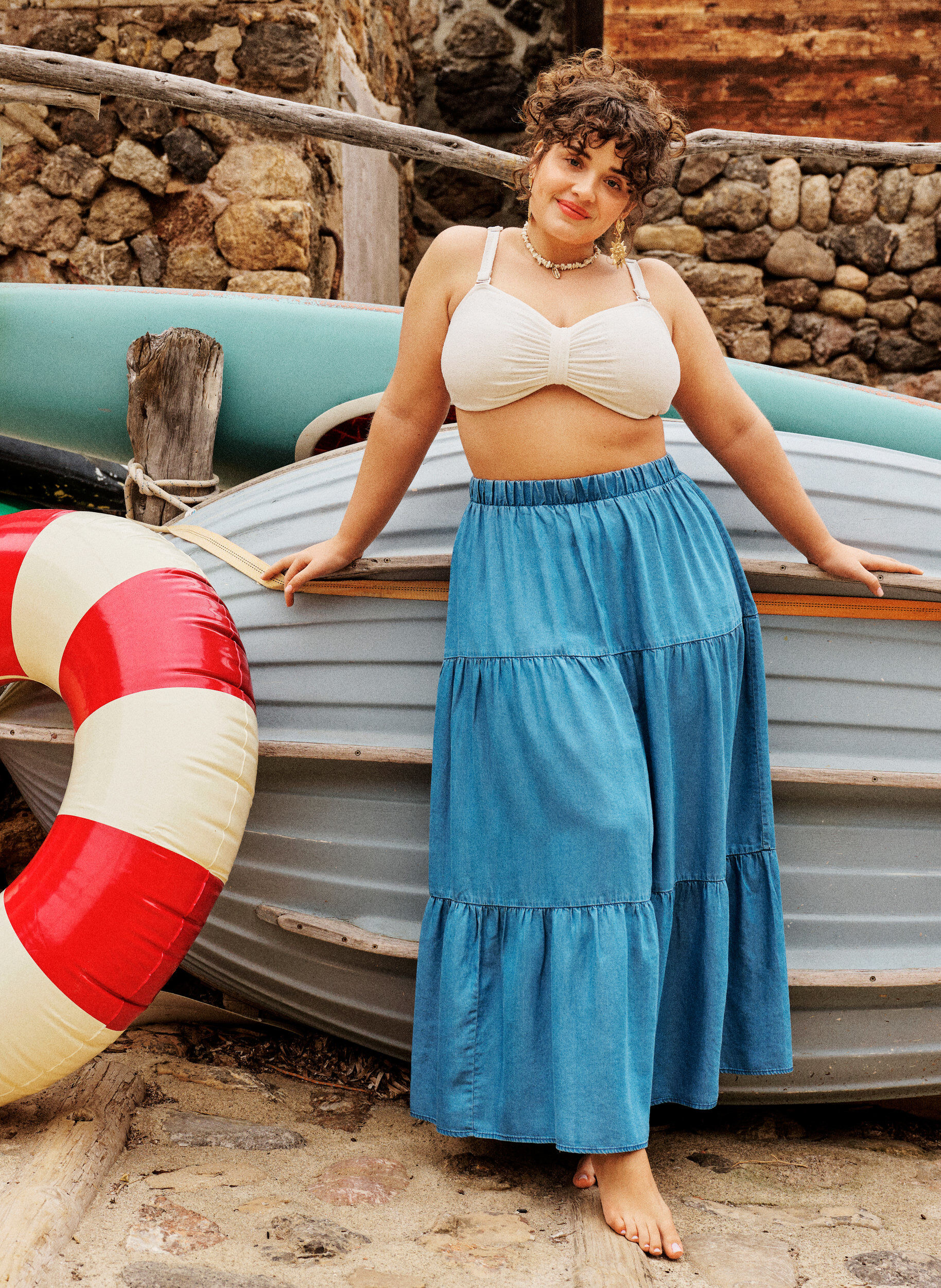 ZizziDenim maxi rok met ruches, Blauw, Image image number 0