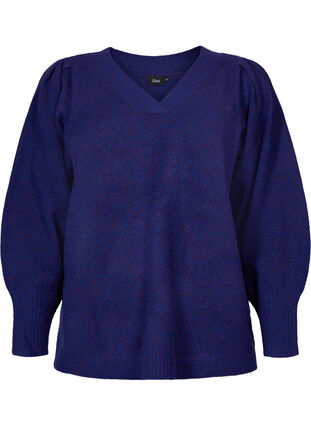 Gemêleerd gebreide trui met pofmouwen en v-hals, Ultra Violet Mel., Packshot image number 0