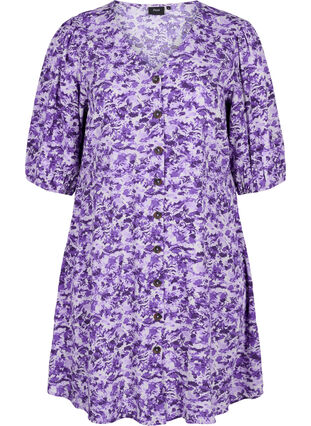 Robe avec boutons et manches 3/4, Purple AOP, Packshot image number 0