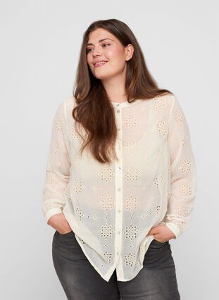 Blouse avec boutons et broderie anglaise, Beige as sample, Model image number 0