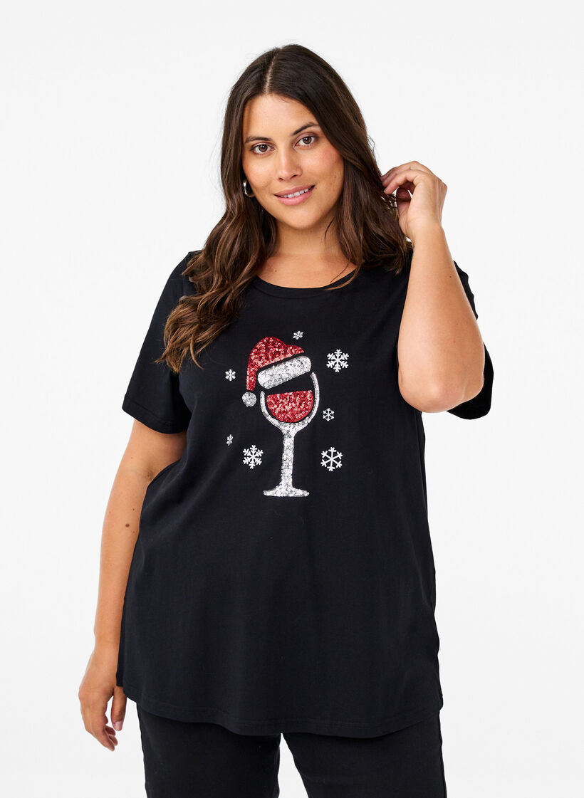 Kerst T-shirts in 100% katoen, Black w. Wine, Model image number 0