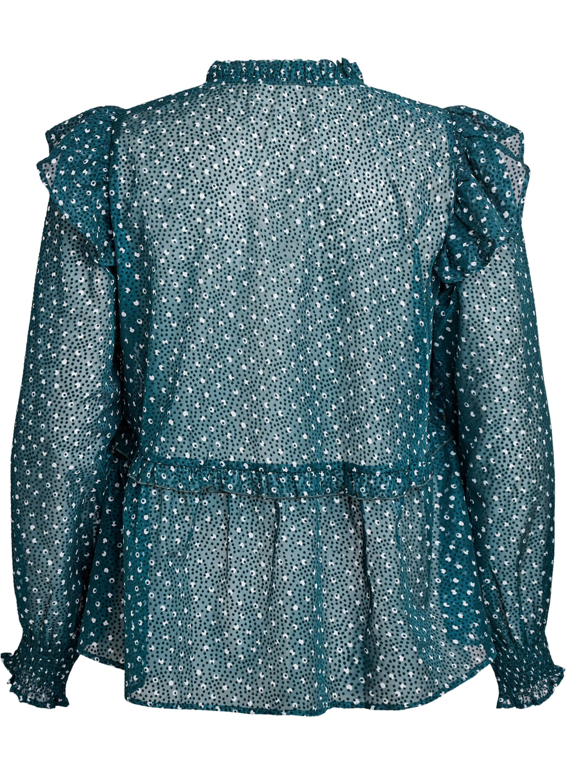 ZizziChiffon blouse met ruchesdetails en kleine stippen, Groen, Packshot image number 1