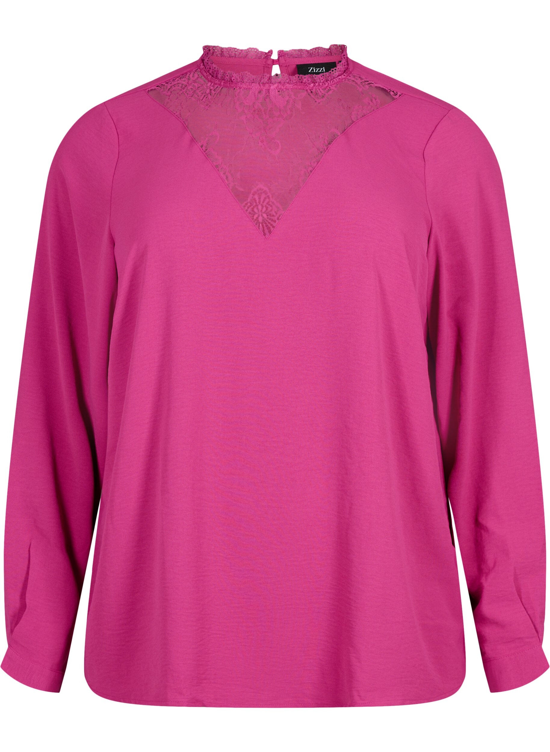 ZizziBlouse met lange mouwen en kanten detail, Festival Fuchsia, Packshot image number 0