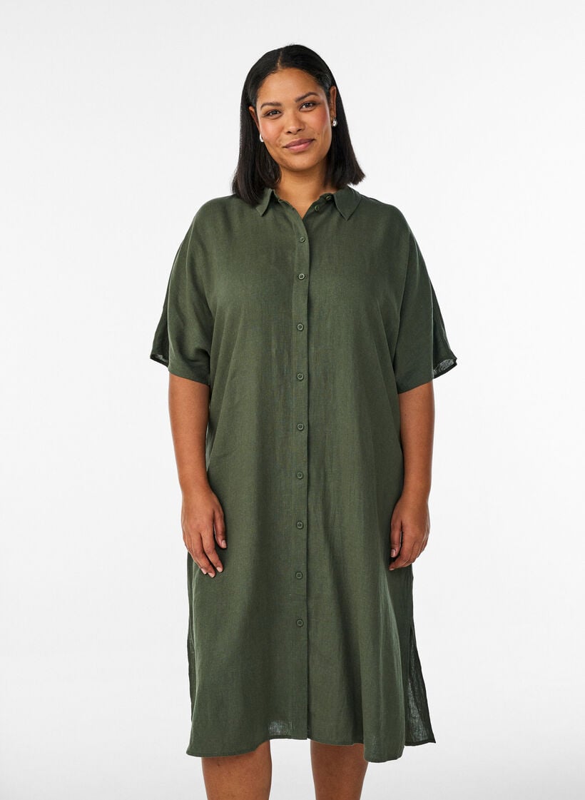 Robe chemise en lin et viscose &agrave; manches courtes, Vert, Model image number 0