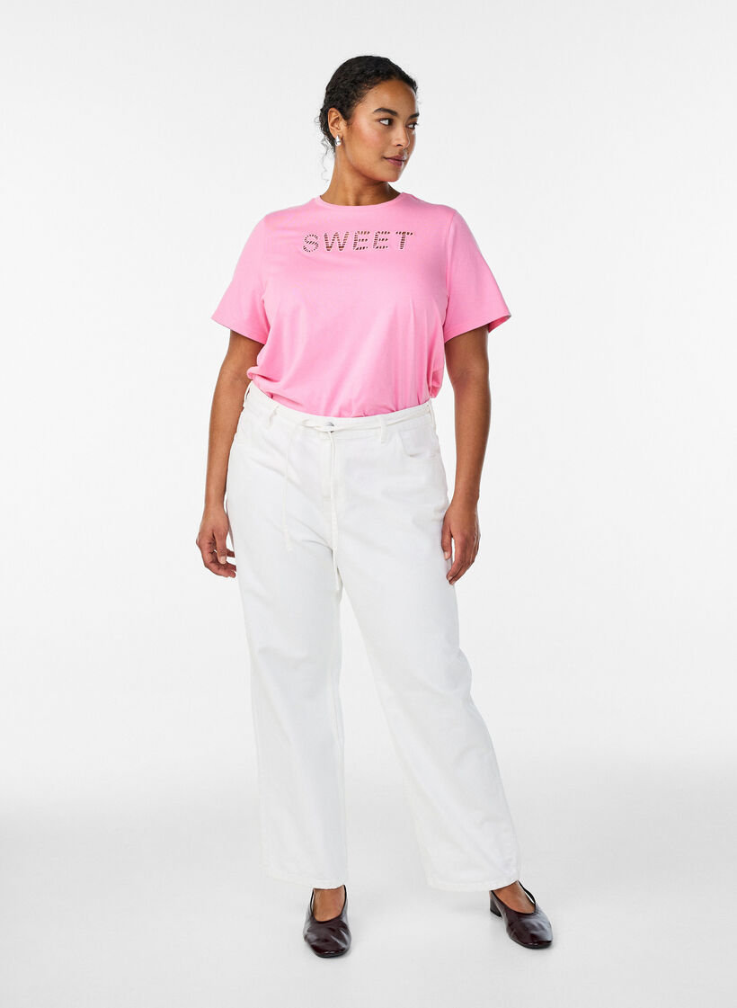 Katoenen T-shirt met geborduurde tekst, Wit, Model image number 1