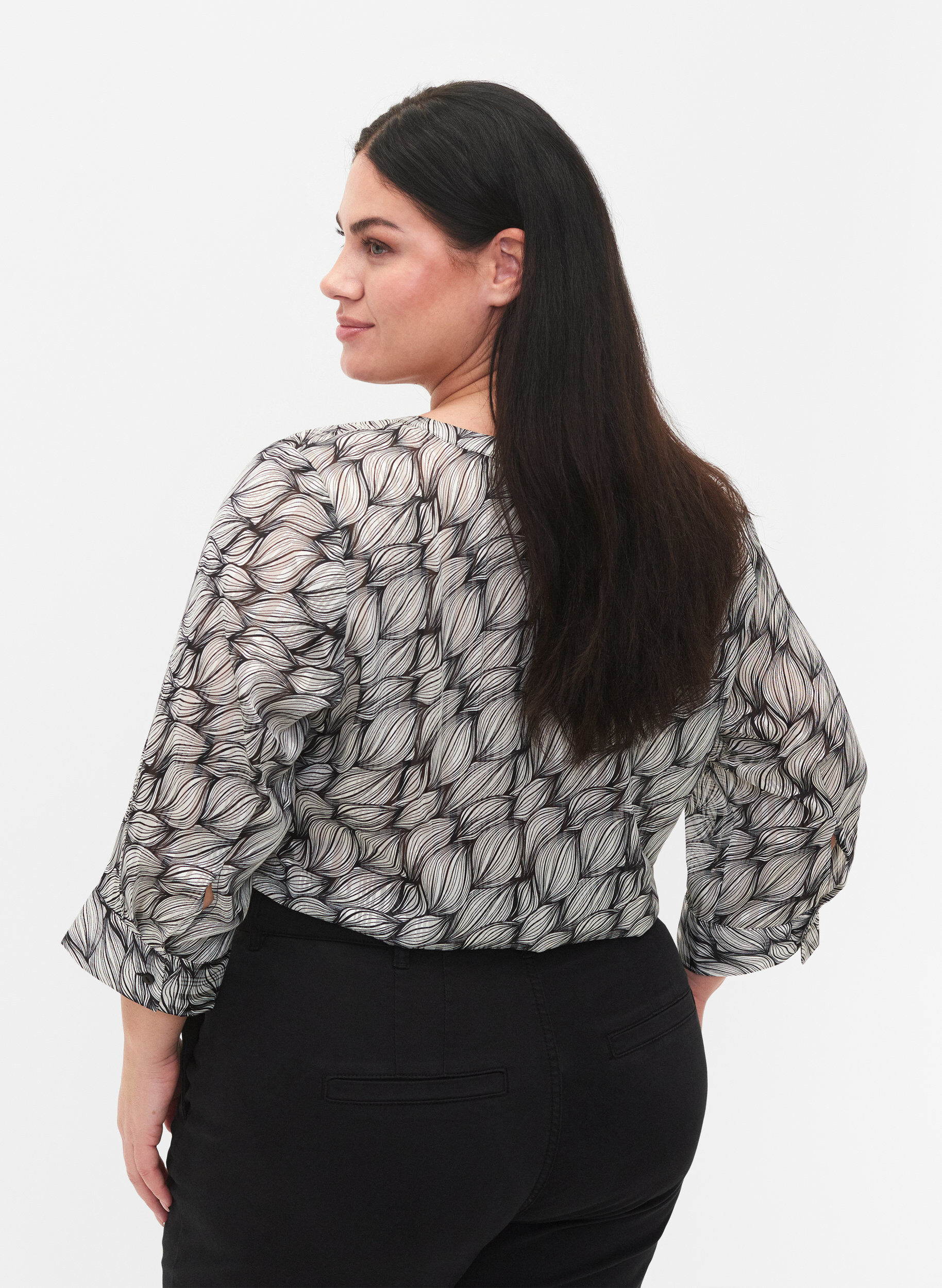 ZizziBlouse met print en 3/4 mouwen, Black White Leaf, Model image number 1