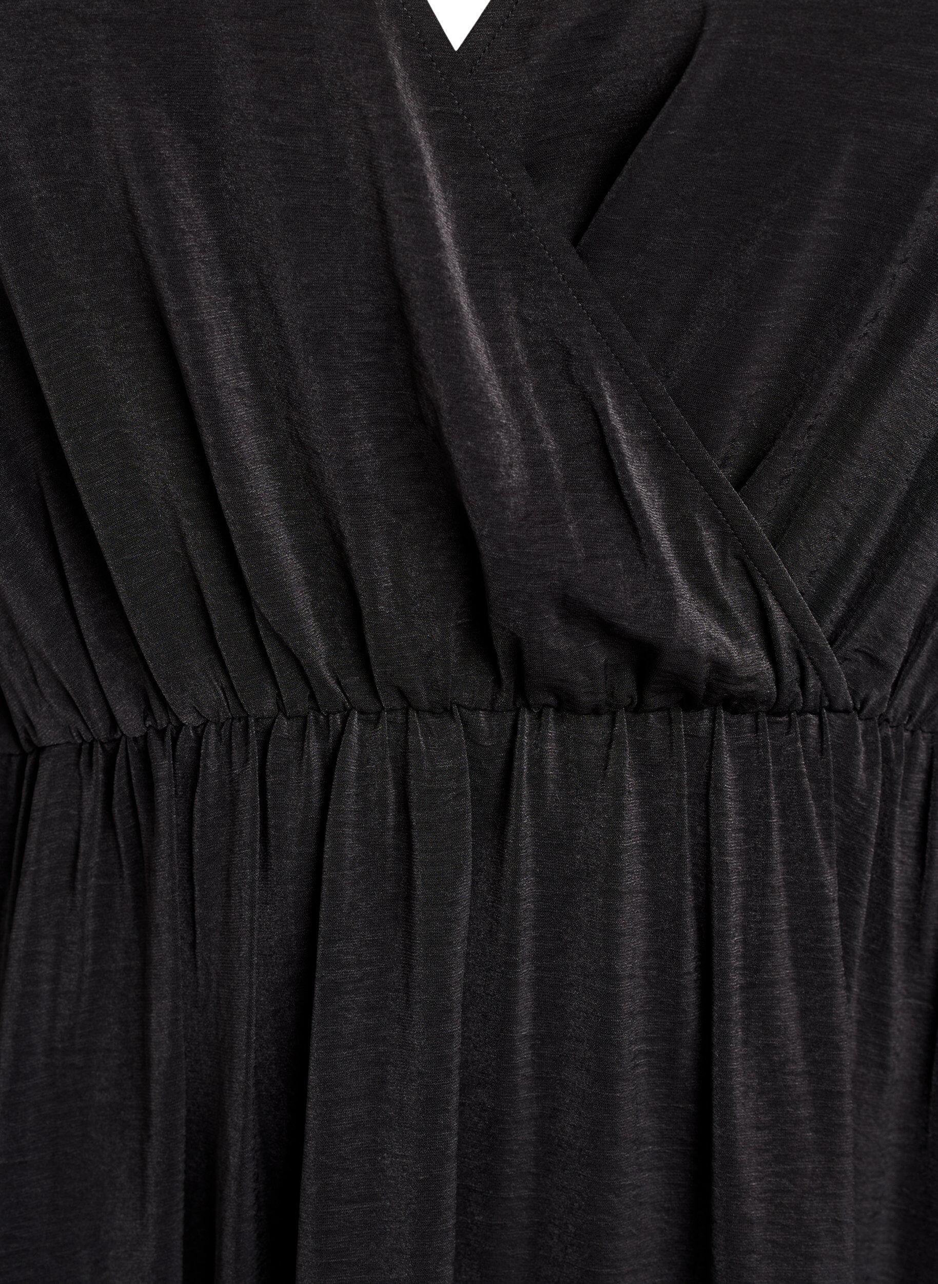 ZizziMidijurk met overslaglook en smockmouwen, Zwart, Packshot image number 2