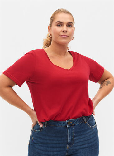 T-shirt basiques 2-pack en coton, Tango Red/Black, Model image number 0