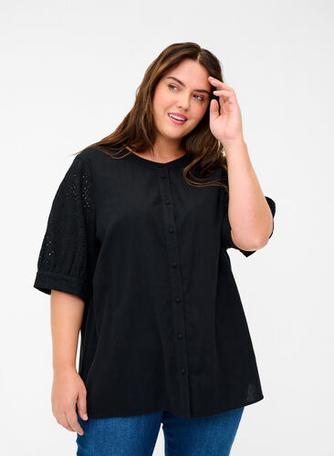 Blouse met broderie anglaise, Black, Model image number 0