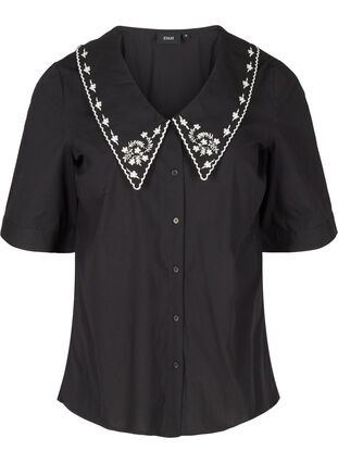 Chemise à manches courtes en coton à grand col, Black w. White, Packshot image number 0