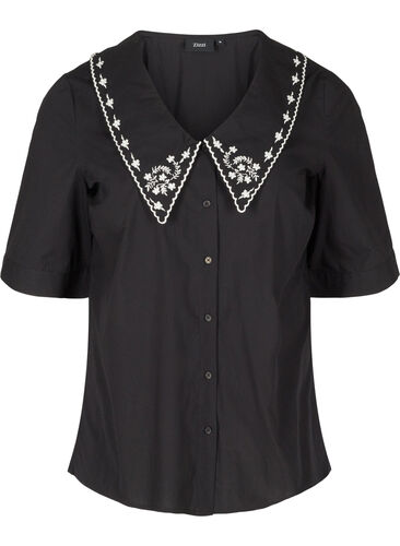 Katoenen blouse met korte mouwen en grote kraag , Black w. White, Packshot image number 0