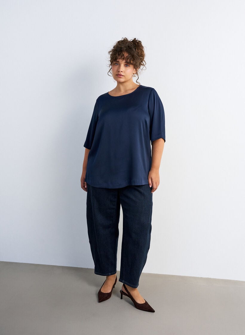 Blouse en satin &agrave; manches au coude, Bleu, Model image number 1