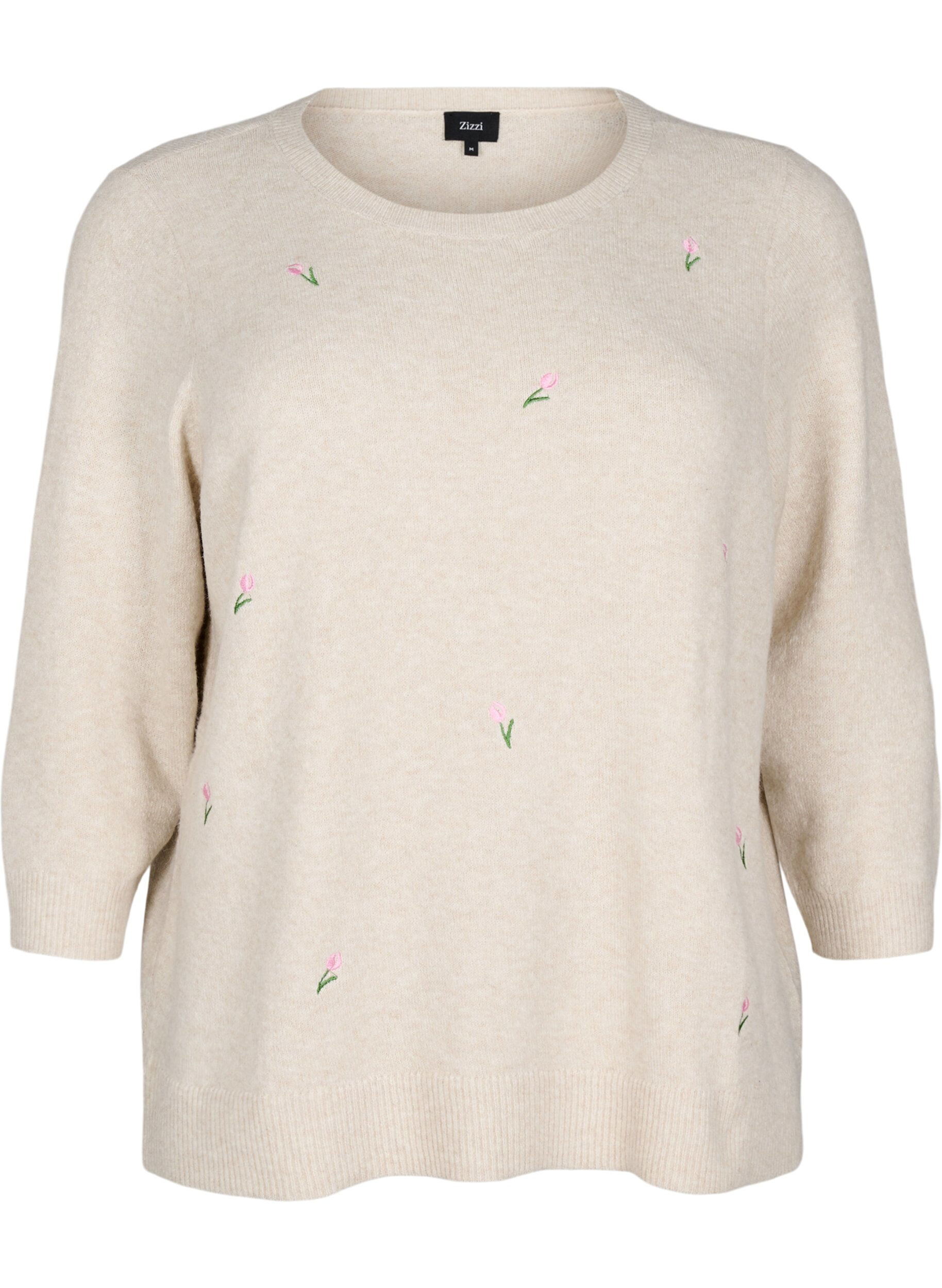 ZizziGebreide blouse met bloemen en 3/4 mouwen, Pumice Stone Mel., Packshot image number 0
