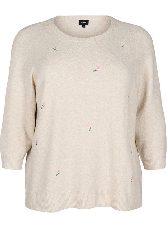 Gebreide blouse met bloemen en 3/4 mouwen, Pumice Stone Mel., Packshot image number 0