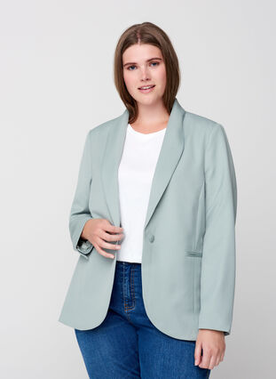 Klassieke blazer met schoudervullingen, Slate Gray, Model image number 0