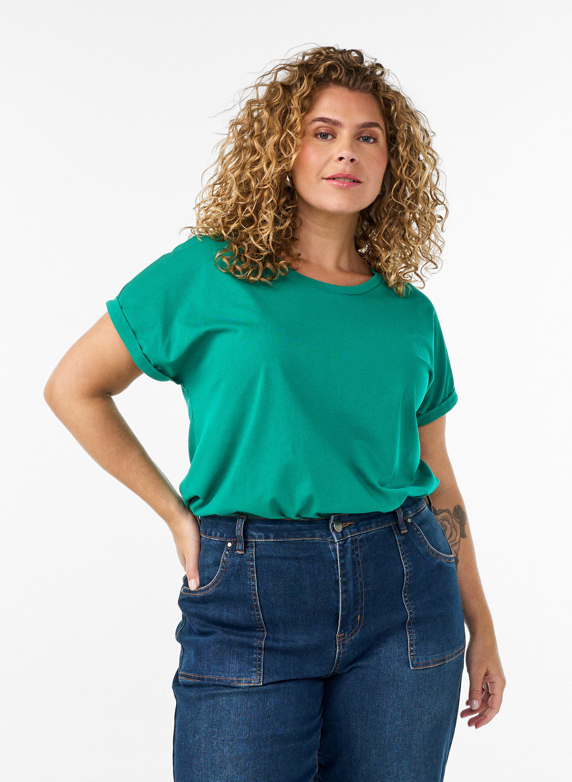 T-shirt met korte mouwen van katoenmix, Groen, Model