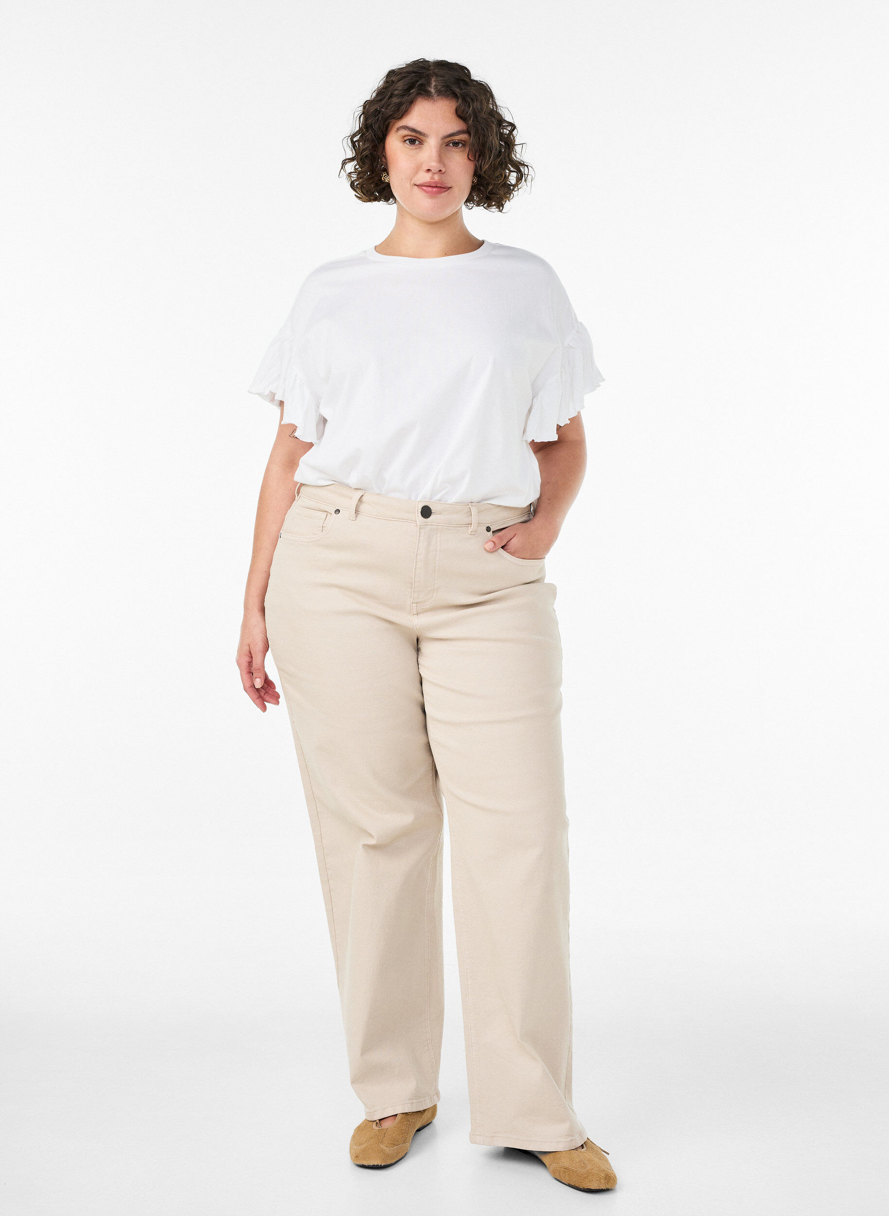 ZizziT-shirt van biologisch katoen met ruches mouwen, Wit, Model image number 1