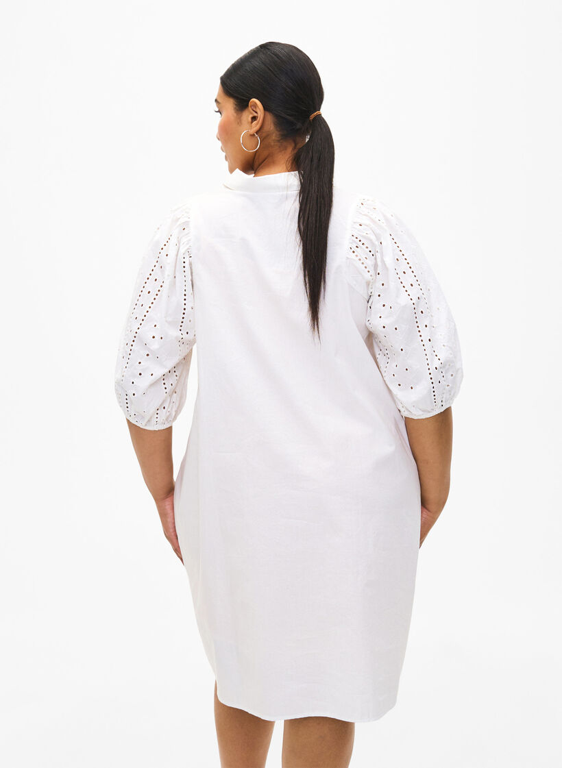 Robe chemise en coton avec broderie anglaise, Off White, Model image number 1