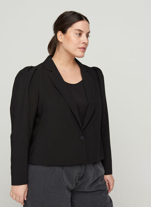 Cropped blazer met pofmouwen, Black, Model image number 0