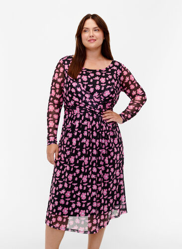 Robe en maille florale à manches longues, Black Pink AOP, Model image number 0