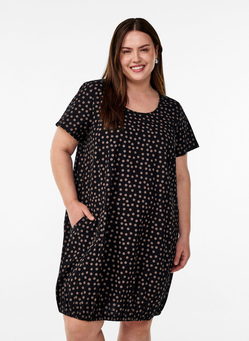 Katoenen jurk met korte mouwen en print, Bruin, Model image number 0