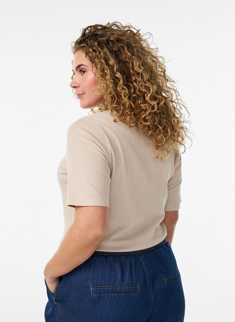 Basic rib T-shirt met ronde hals, Beige, Model image number 2