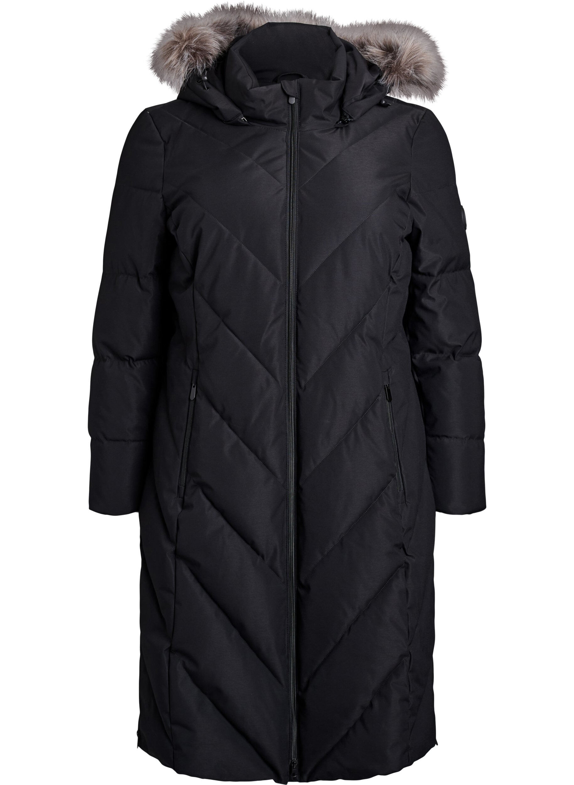 Long manteau d'hiver &agrave; fermeture &agrave; attaches et col en fausse fourrure