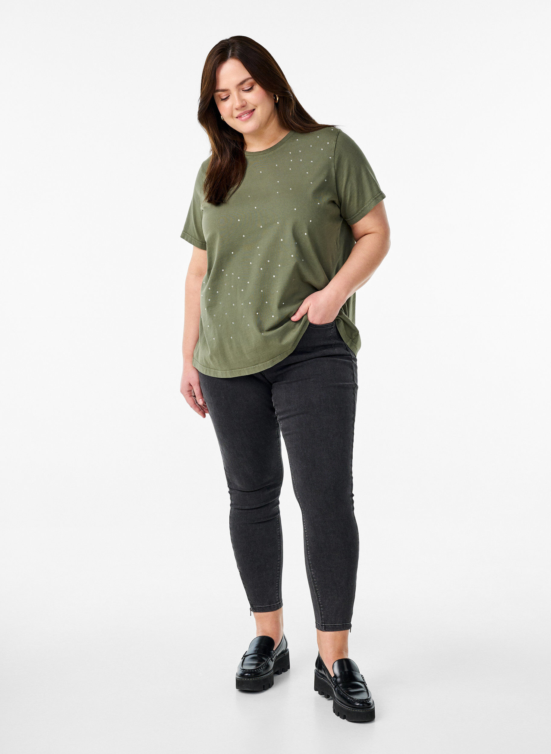 Zizzi T-shirt en coton biologique avec une impression cool, Vert, Model image number 1