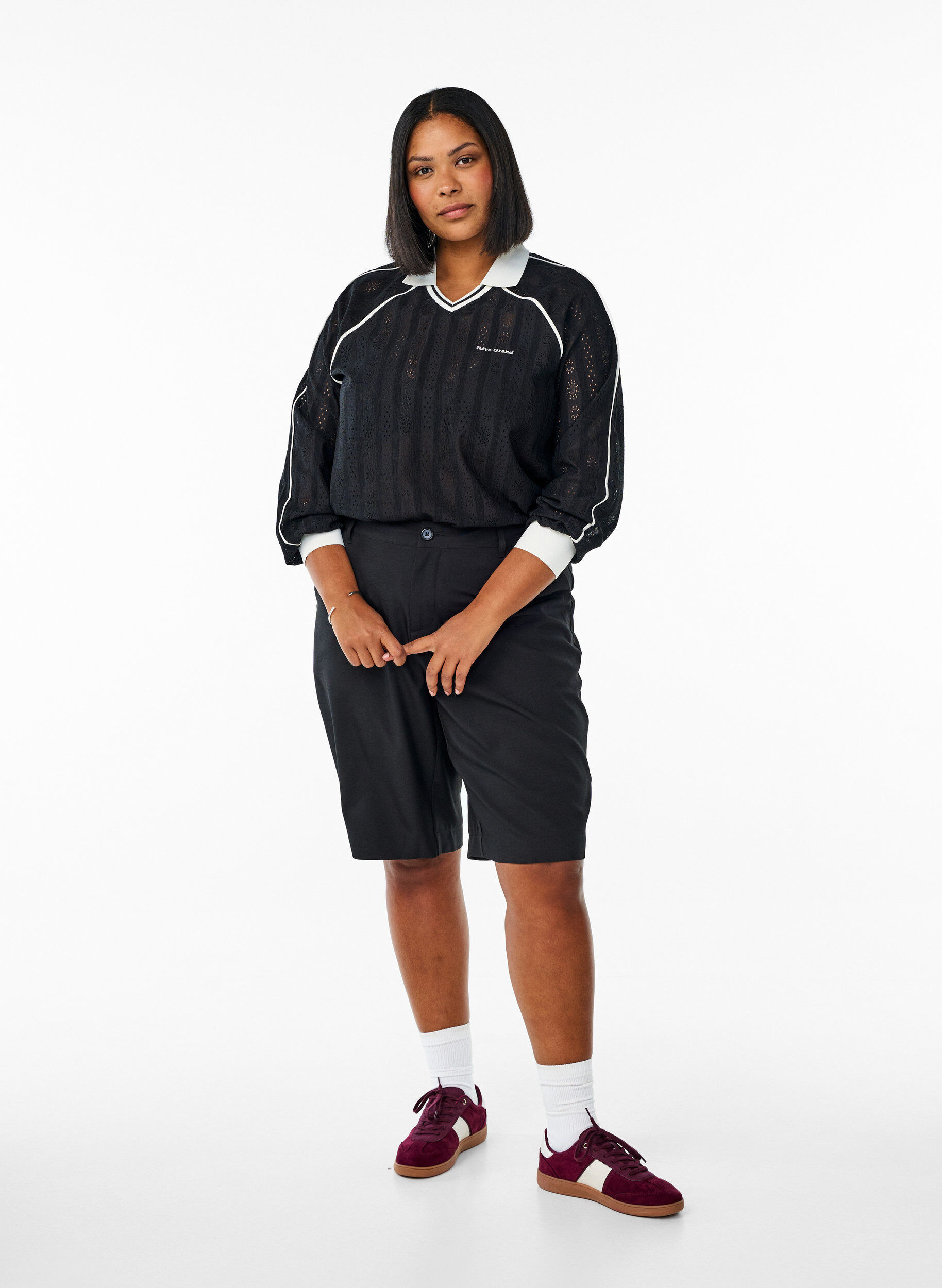 ZizziJersey blouse met een textuur en contrasterende details, Zwart, Model image number 1