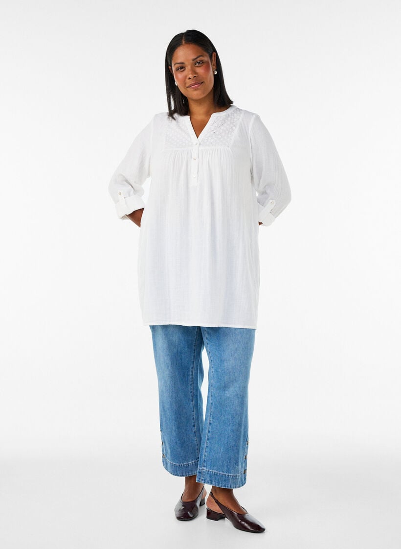 Tunique en mousseline de coton avec broderie anglaise, Blanc, Model image number 1