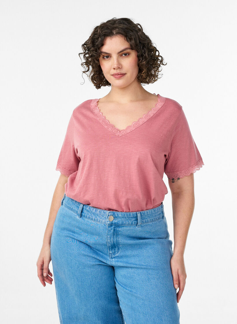 T-shirt met kanten rand, Roze, Model image number 0