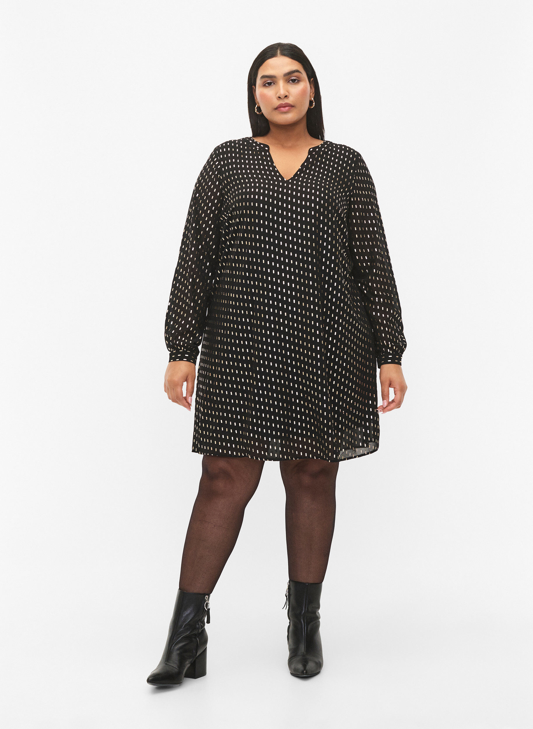 Zizzi Robe &agrave; manches longues avec imprim&eacute; brillant, Black w. Gold, Model image number 2