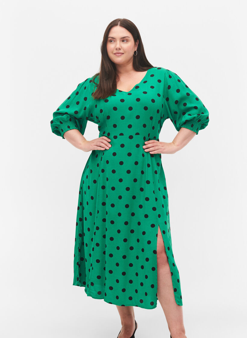 Robe midi à pois en viscose, Jolly Green Dot AOP, Model image number 0