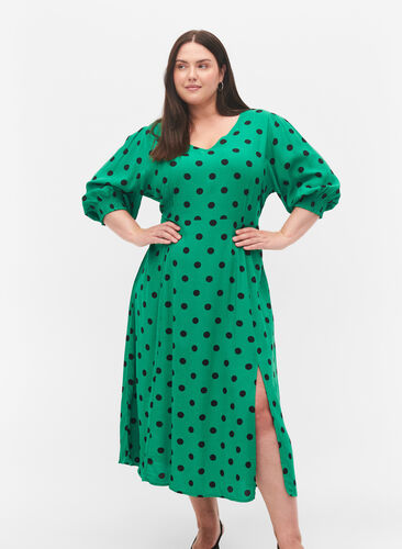 Polka stippen viscose midi jurk, Jolly Green Dot AOP, Model image number 0